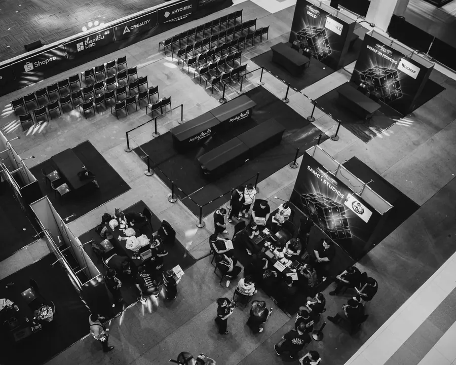 Overhead view of the event floor and seating, in black and white