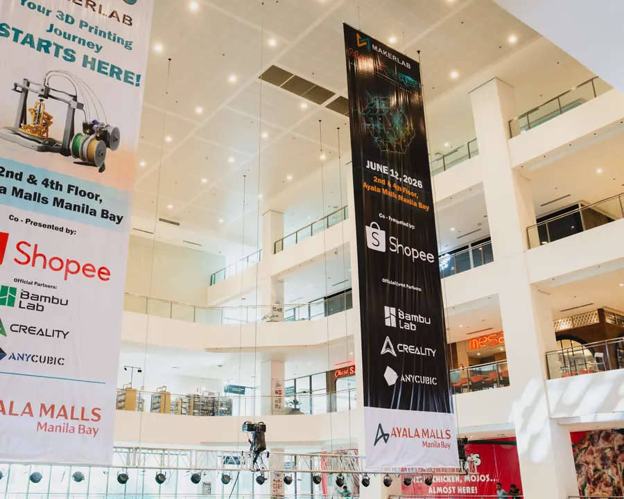 Event banners hanging in the mall atrium